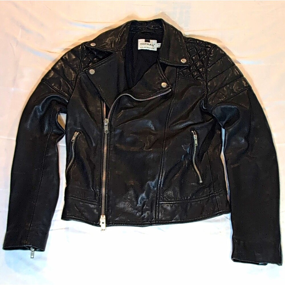 Topman Men’s Black Full Zip Biker Jacket Quilted Zipper Pockets Size XS
